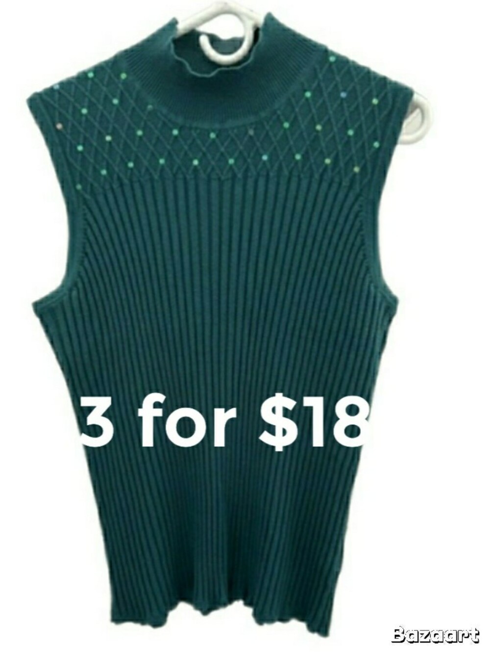 Dressbarn Women's 22/24 Dark Teal Green Ribbed Mock Turtleneck Sleeveless Knit